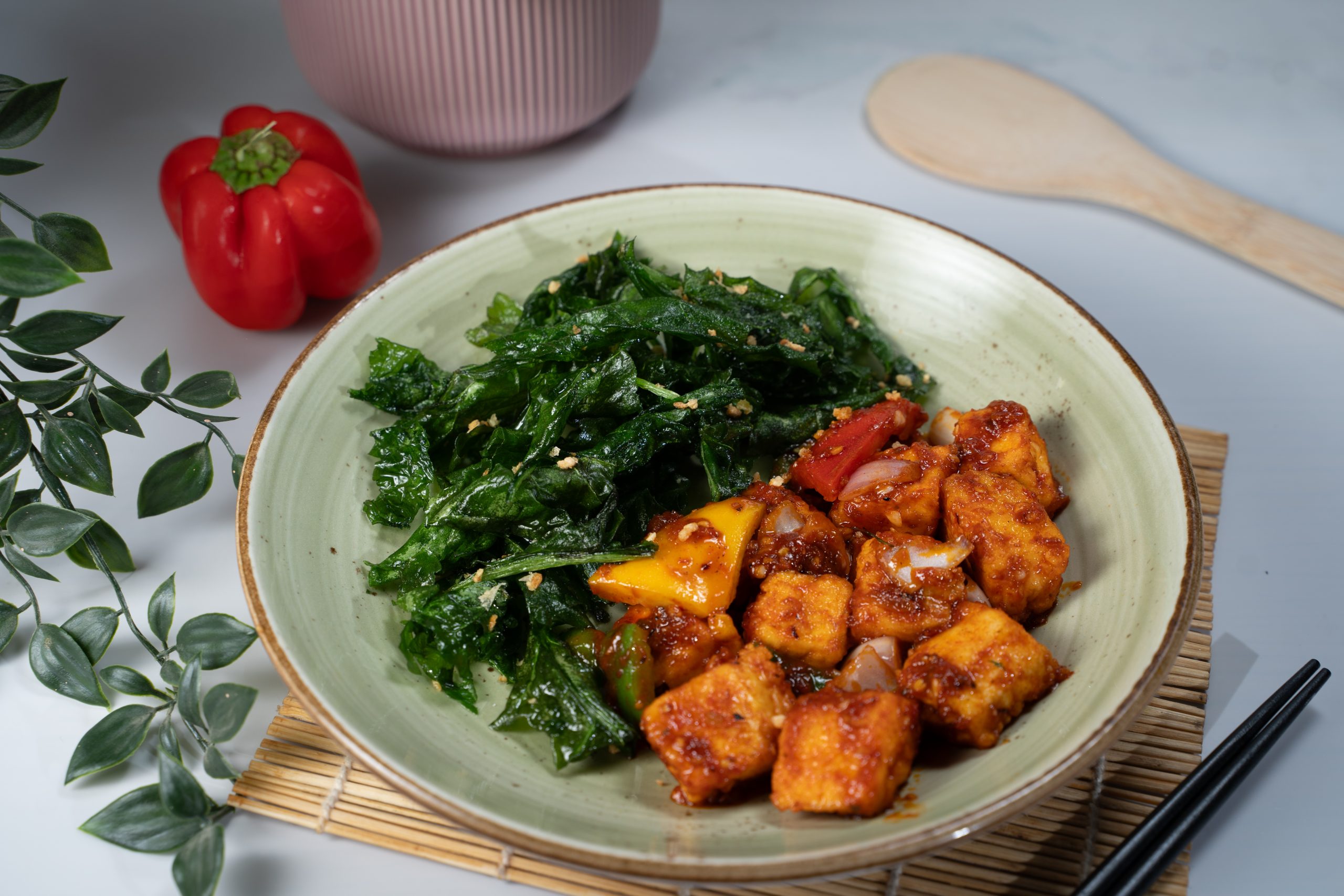 Spicy Red Pepper Paneer With Crackling Spinach
